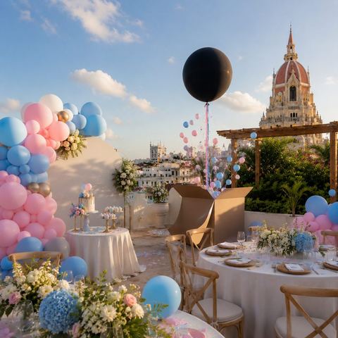Baby shower con globos rosados y azules montado en la terraza Sunset Pombo, Cartagena