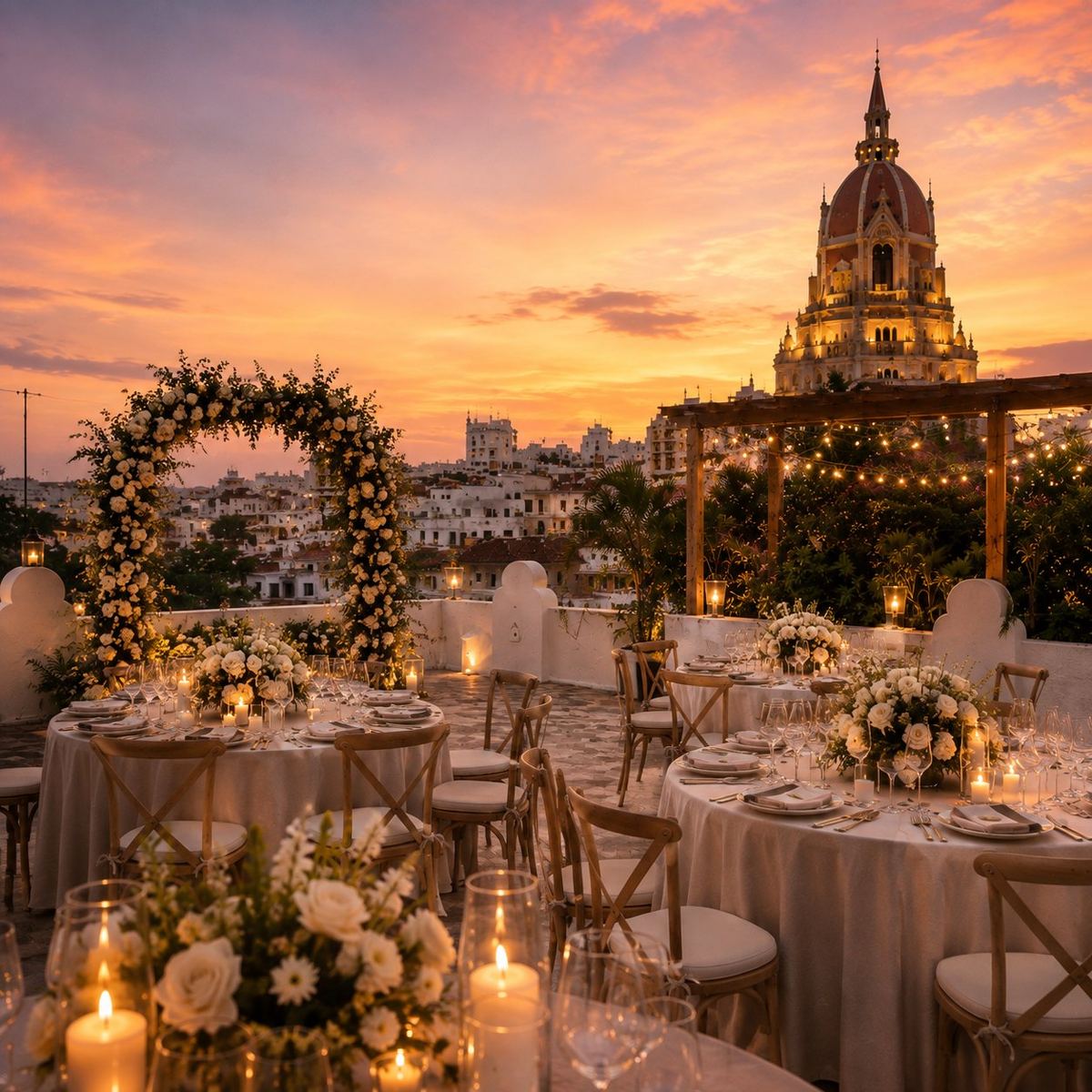 Boda al atardecer en la terraza Sunset Pombo, con arco floral y vista a la Catedral de Cartagena