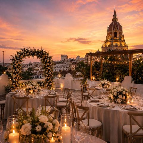 Boda con arco floral y mesas iluminadas al atardecer en la terraza Sunset Pombo de Cartagena